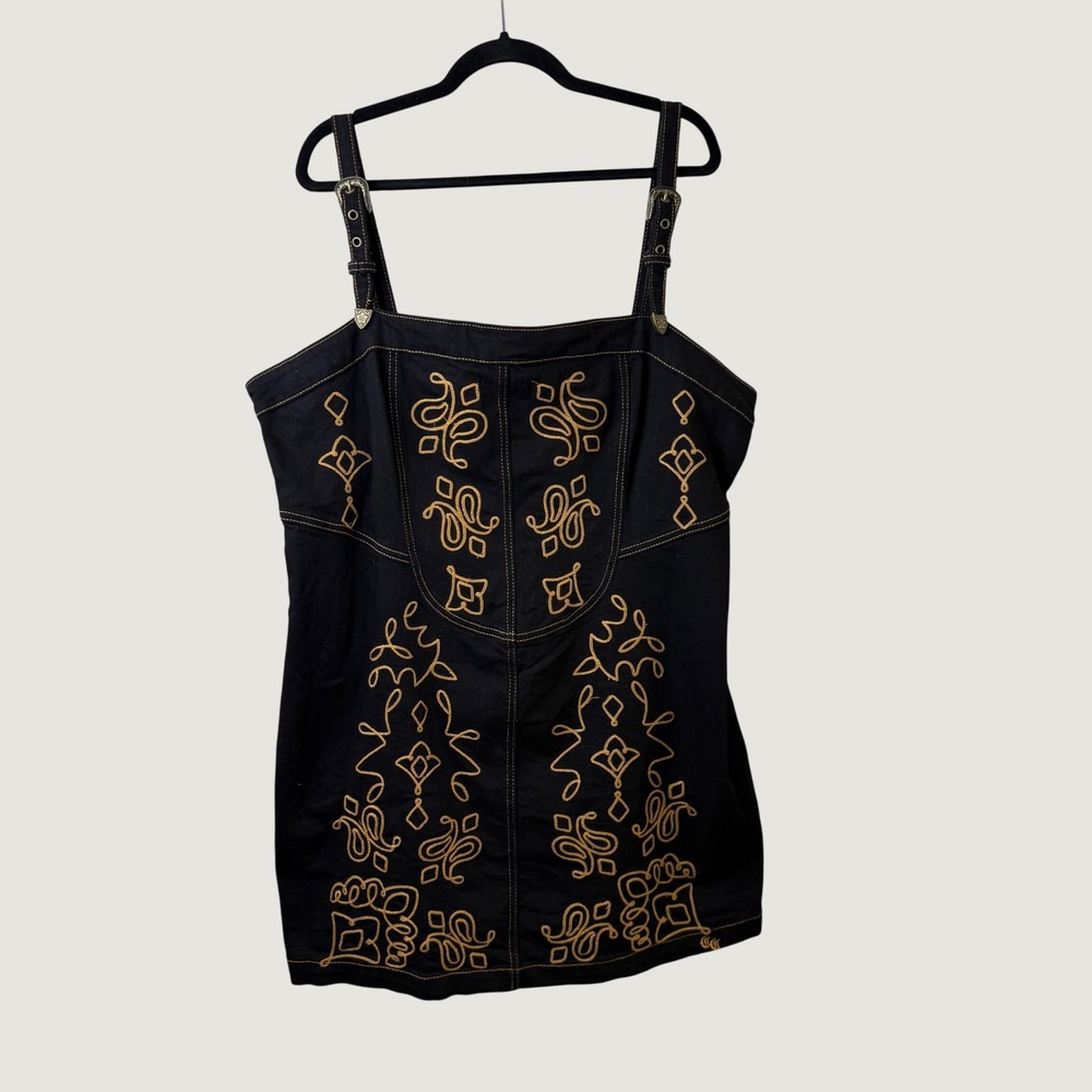 Compton Cowboys Western Embroidered Denim Mini Dress Black Overall Straps 3X